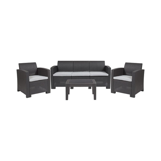 4 Piece Outdoor Faux Rattan Chair, Sofa and Table Set in Dark Gray