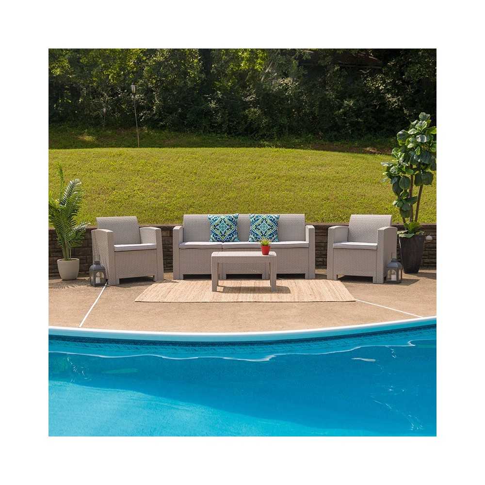 4 Piece Outdoor Faux Rattan Chair, Sofa and Table Set in Light Gray
