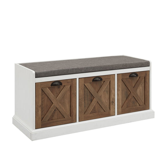 40" Farmhouse 3 Drawer Storage Bench - Rustic Oak/Brushed White/Storm Gray