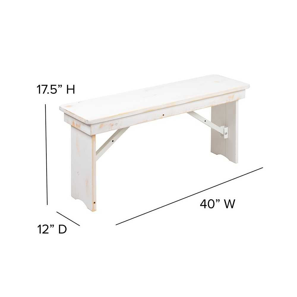 40" x 12" Antique Rustic White Solid Pine Folding Farm Bench
