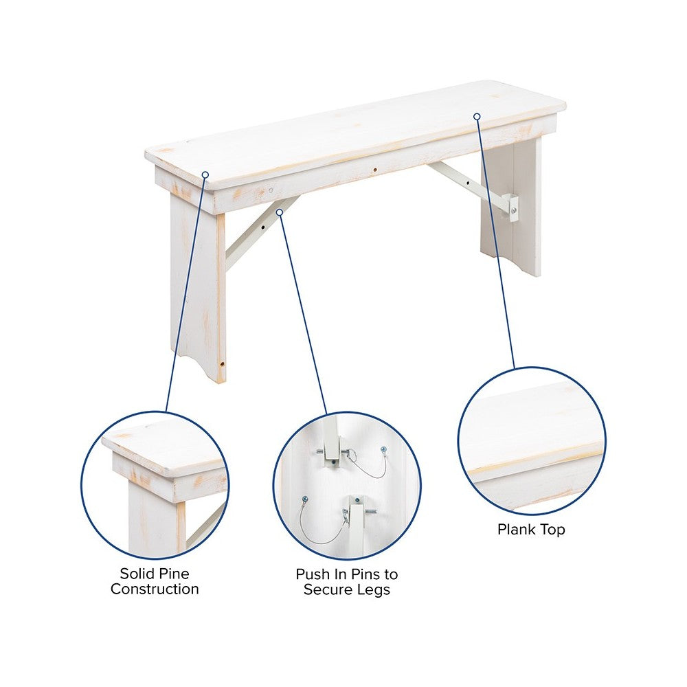 40" x 12" Antique Rustic White Solid Pine Folding Farm Bench