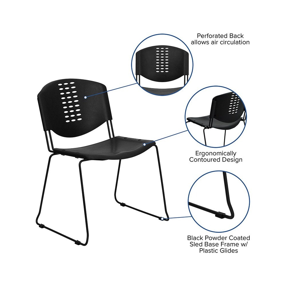 400 lb. Capacity Black Plastic Stack Chair with Black Frame