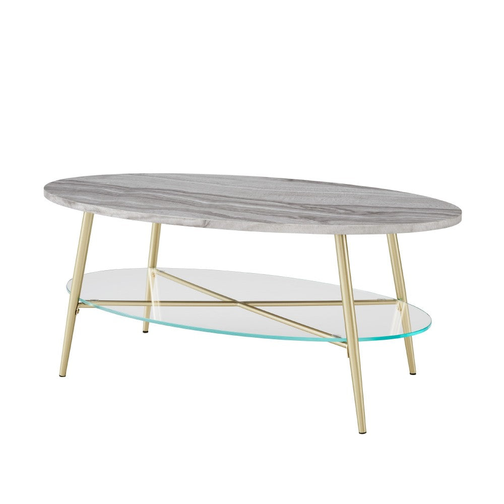 42" Oval Faux Marble and Glass Coffee Table - Gray Faux Vein Cut Marble/Gold