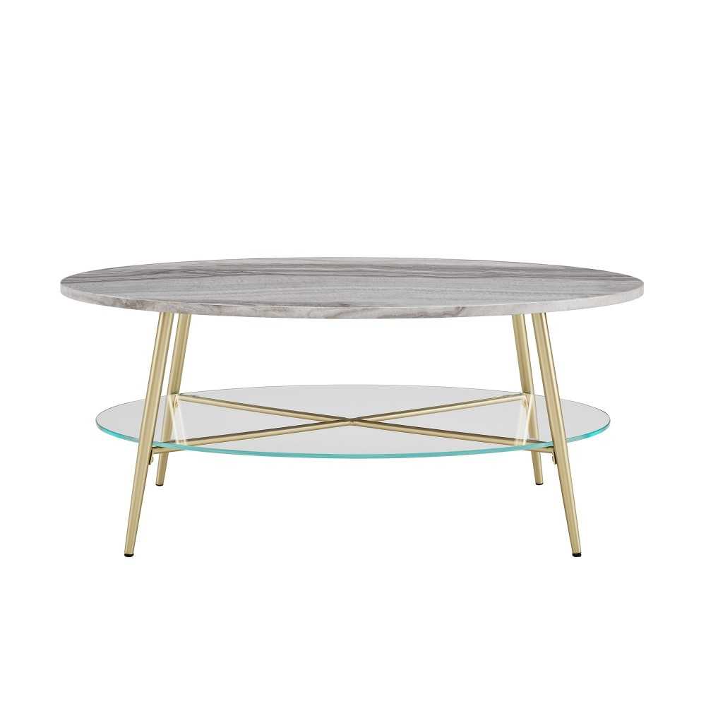 42" Oval Faux Marble and Glass Coffee Table - Gray Faux Vein Cut Marble/Gold