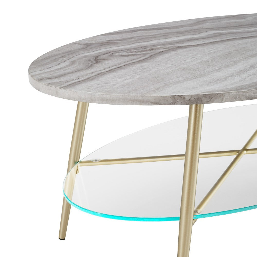 42" Oval Faux Marble and Glass Coffee Table - Gray Faux Vein Cut Marble/Gold