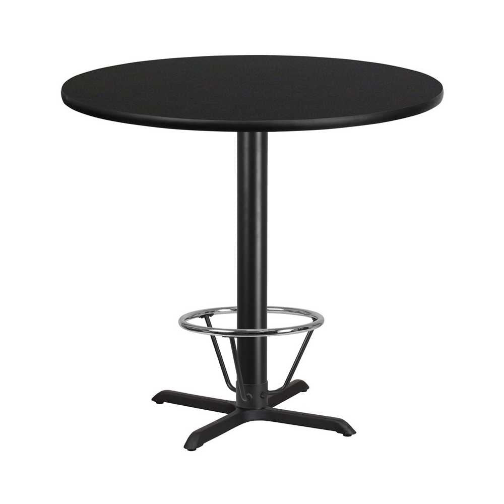 42'' Round Black Laminate Table Top with 33'' x 33'' Bar Height Table Base and Foot Ring