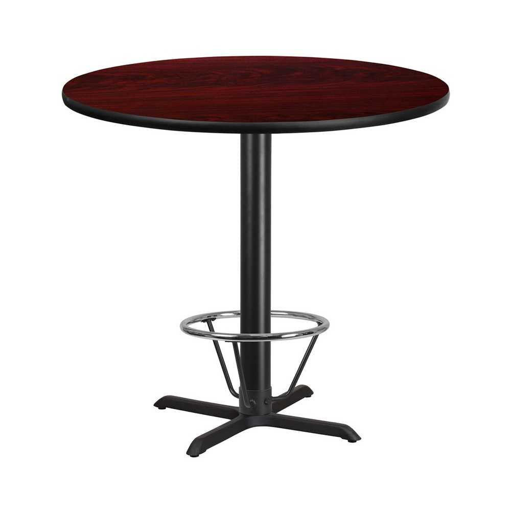 42'' Round Mahogany Laminate Table Top with 33'' x 33'' Bar Height Table Base and Foot Ring