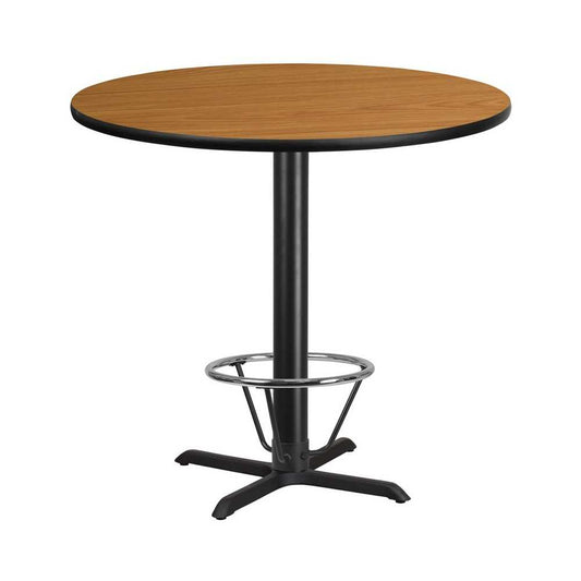 42'' Round Natural Laminate Table Top with 33'' x 33'' Bar Height Table Base and Foot Ring