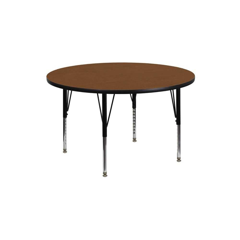 42'' Round Oak HP Laminate Activity Table - Height Adjustable Short Legs