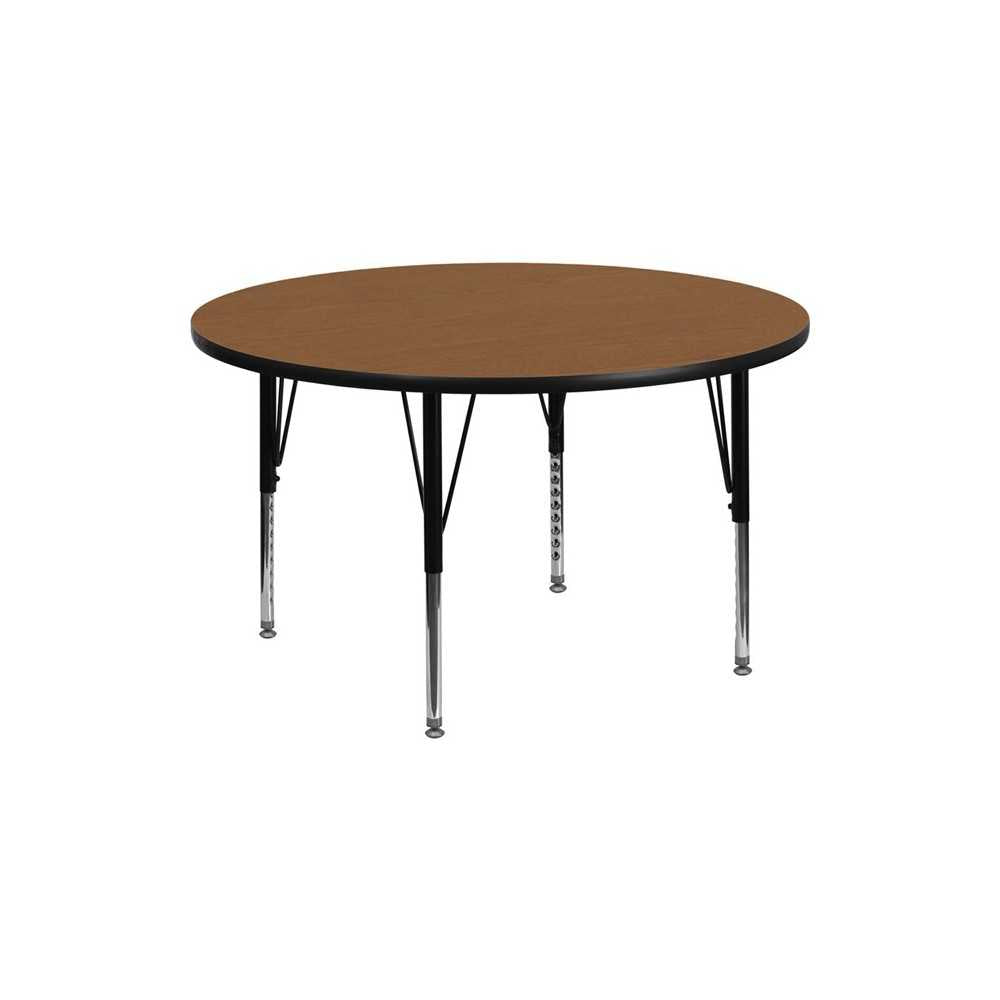 42'' Round Oak Thermal Laminate Activity Table - Height Adjustable Short Legs