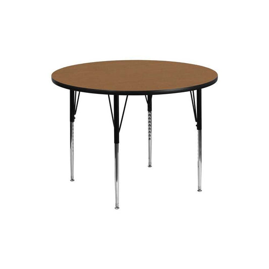 42'' Round Oak Thermal Laminate Activity Table - Standard Height Adjustable Legs