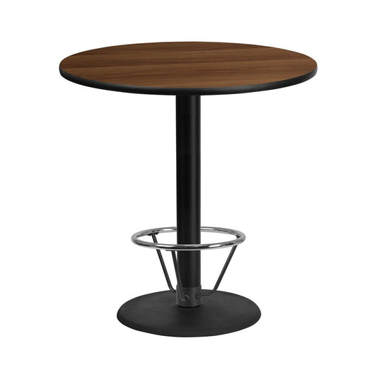 42'' Round Walnut Laminate Table Top with 24'' Round Bar Height Table Base and Foot Ring