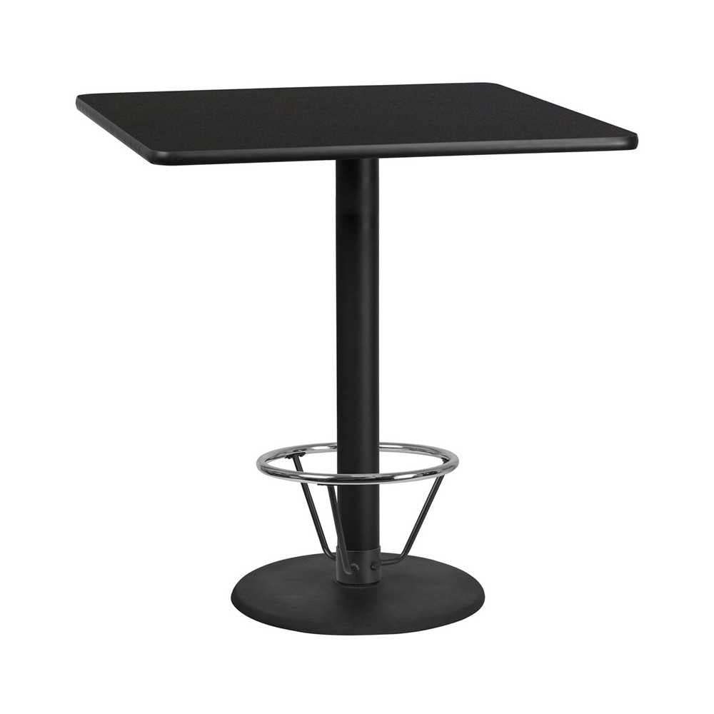 42'' Square Black Laminate Table Top with 24'' Round Bar Height Table Base and Foot Ring