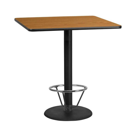 42'' Square Natural Laminate Table Top with 24'' Round Bar Height Table Base and Foot Ring