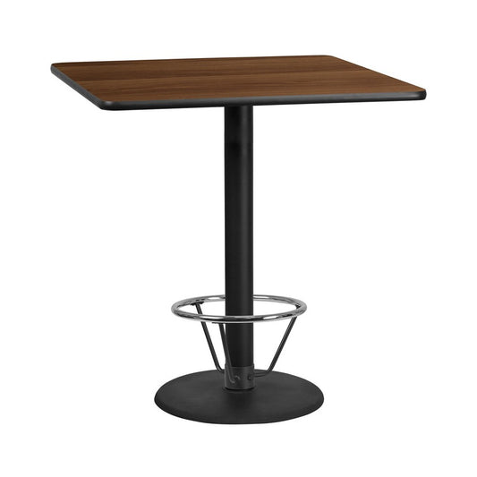 42'' Square Walnut Laminate Table Top with 24'' Round Bar Height Table Base and Foot Ring