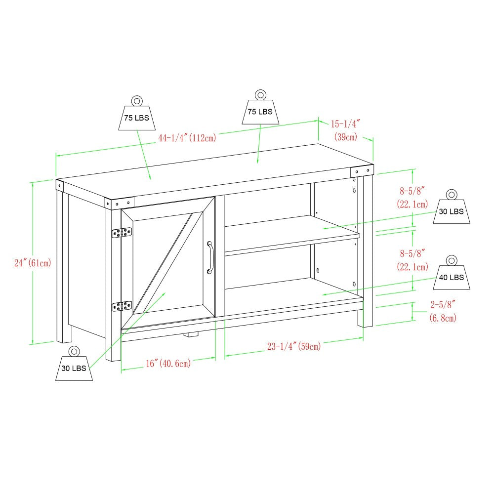 44" Asymmetrical Barn Door Farmhouse TV Stand - Brushed White