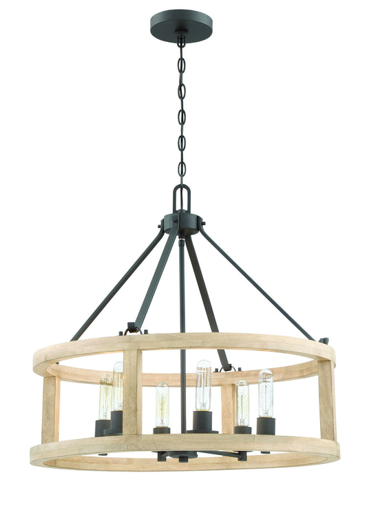 Astoria 6 Light Pendant in Cast Iron with Distressed Oak