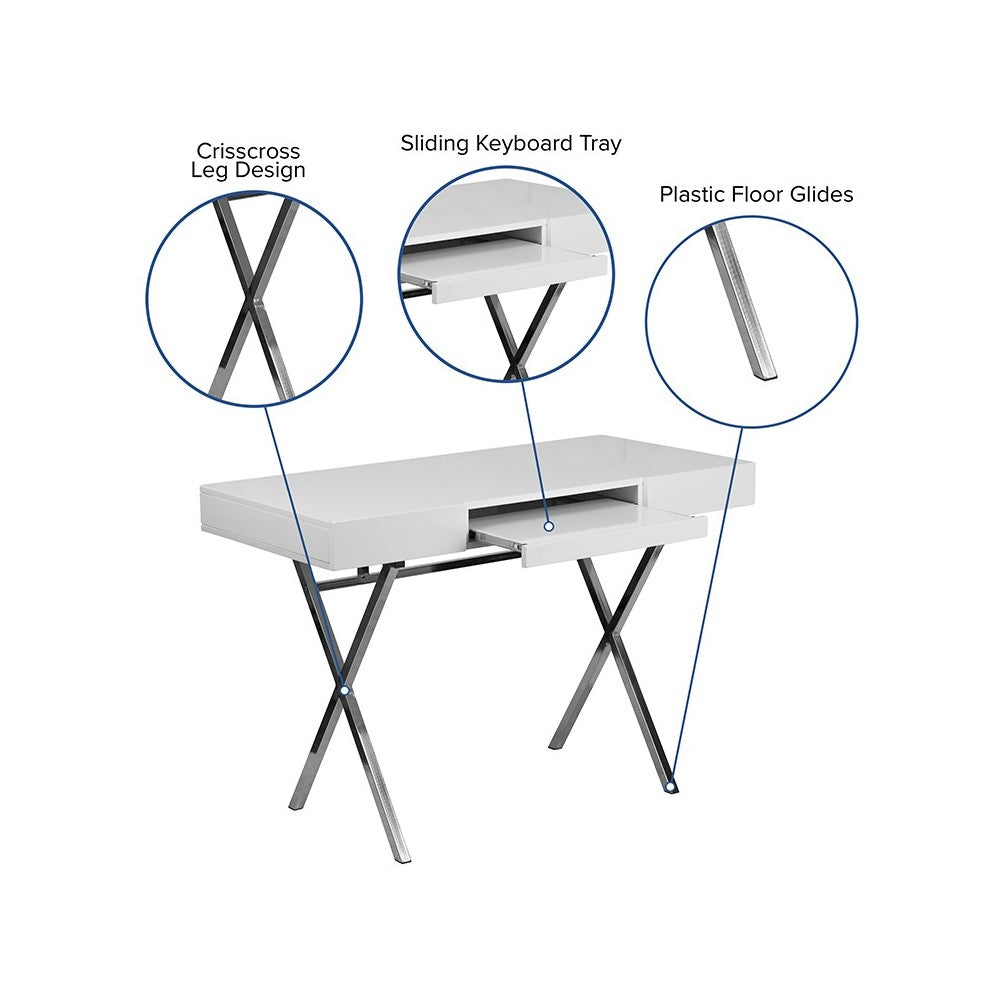 44.25''W x 21.625''D White Computer Desk with Keyboard Tray and Drawers