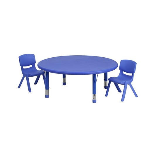 45'' Round Blue Plastic Height Adjustable Activity Table Set with 2 Chairs