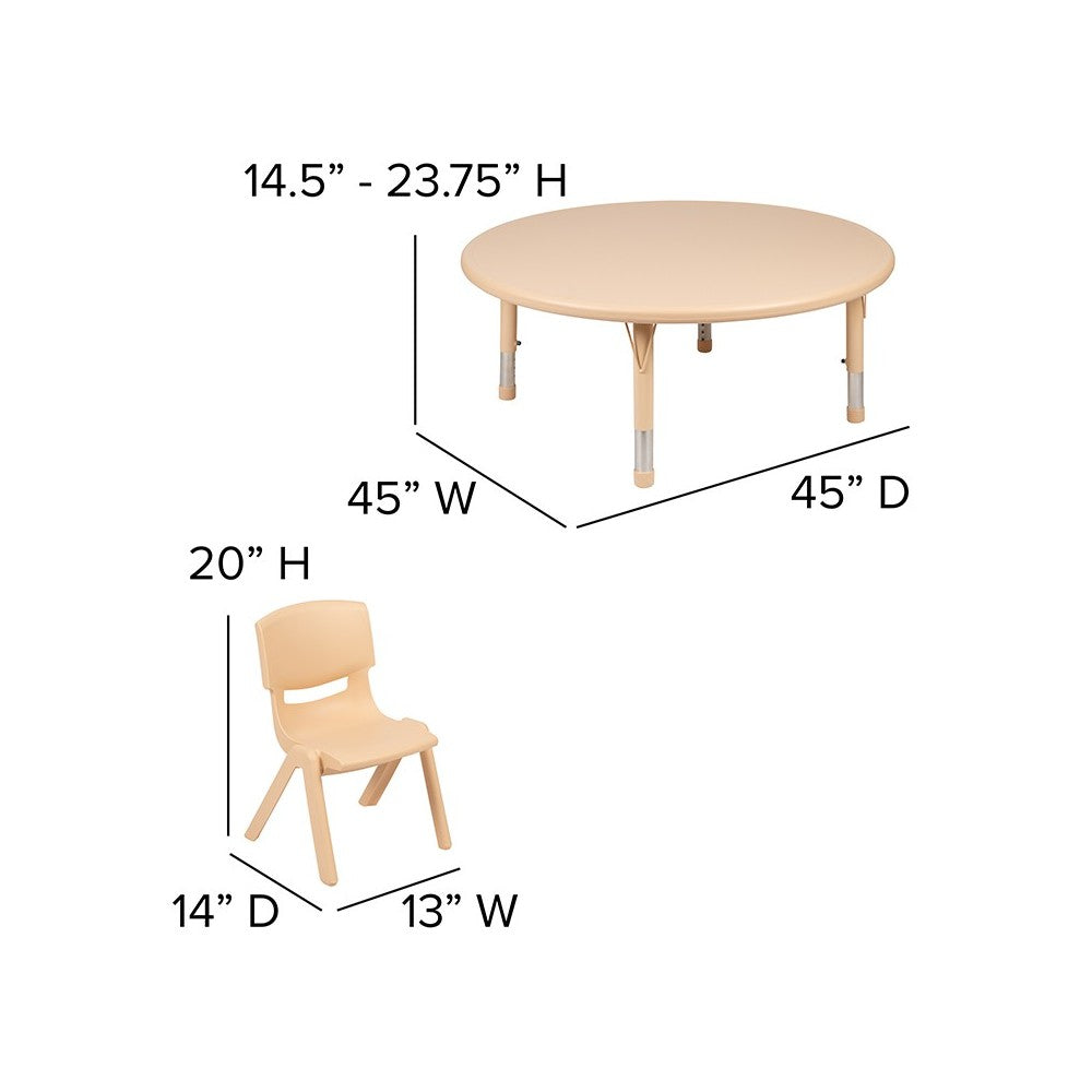 45" Round Natural Plastic Height Adjustable Activity Table Set with 2 Chairs