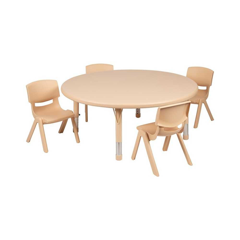 45" Round Natural Plastic Height Adjustable Activity Table Set with 4 Chairs