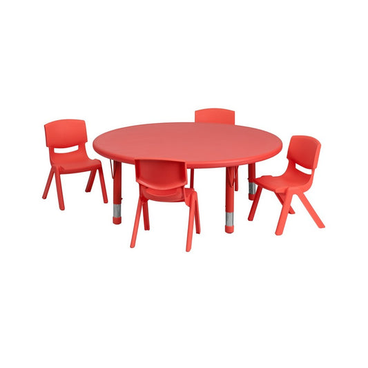 45'' Round Red Plastic Height Adjustable Activity Table Set with 4 Chairs