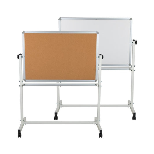 45.25"W x 54.75"H Reversible Mobile Cork Bulletin Board and White Board with Pen Tray