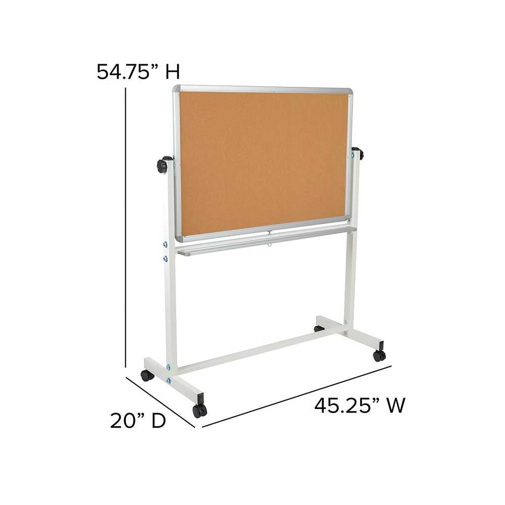 45.25"W x 54.75"H Reversible Mobile Cork Bulletin Board and White Board with Pen Tray