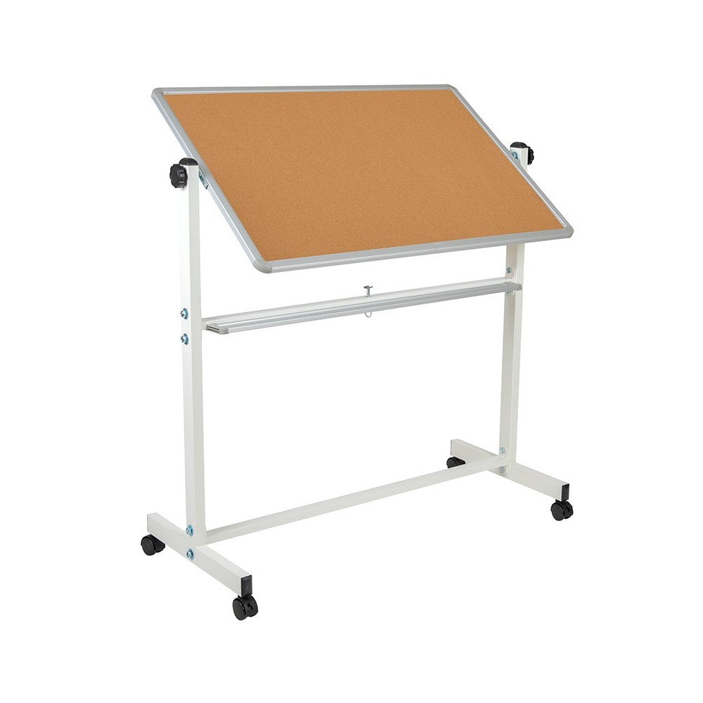 45.25"W x 54.75"H Reversible Mobile Cork Bulletin Board and White Board with Pen Tray