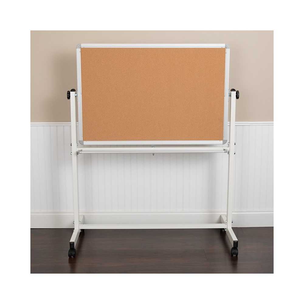 45.25"W x 54.75"H Reversible Mobile Cork Bulletin Board and White Board with Pen Tray