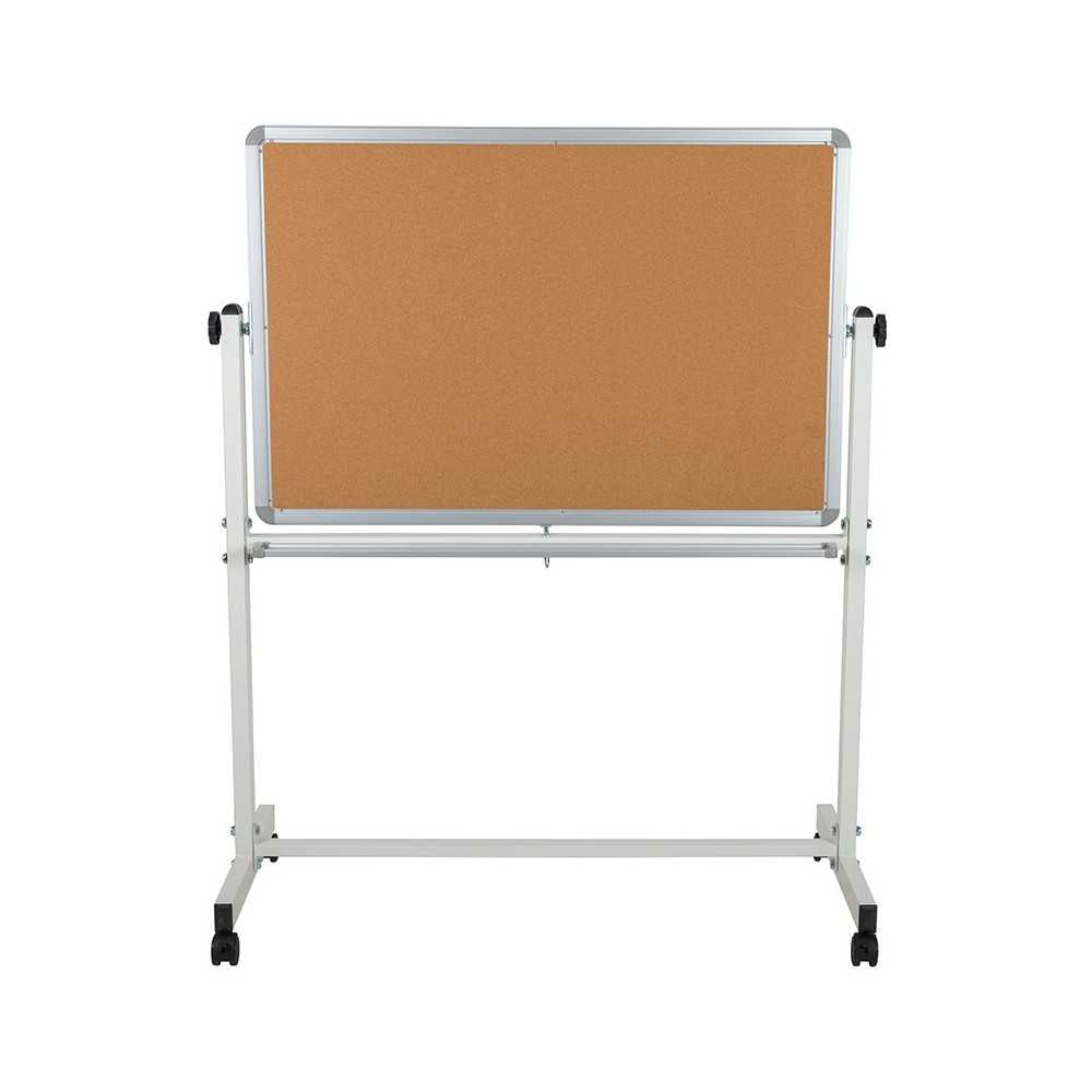 45.25"W x 54.75"H Reversible Mobile Cork Bulletin Board and White Board with Pen Tray