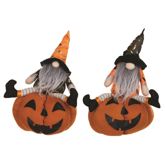 Gnome On Pumpkin (Set Of 2) 14"H Fabric