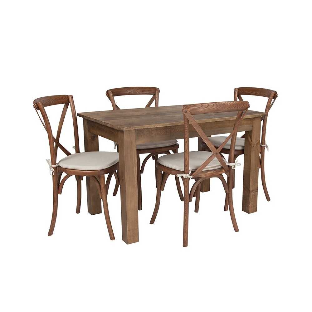 46" x 30" Antique Rustic Farm Table Set with 4 Cross Back Chairs and Cushions