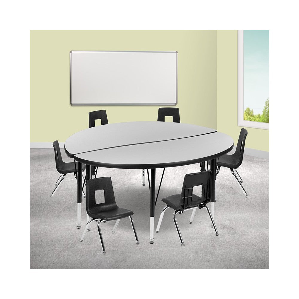 47.5" Circle Wave Collaborative Laminate Activity Table Set with 12" Student Stack Chairs, Gray/Black