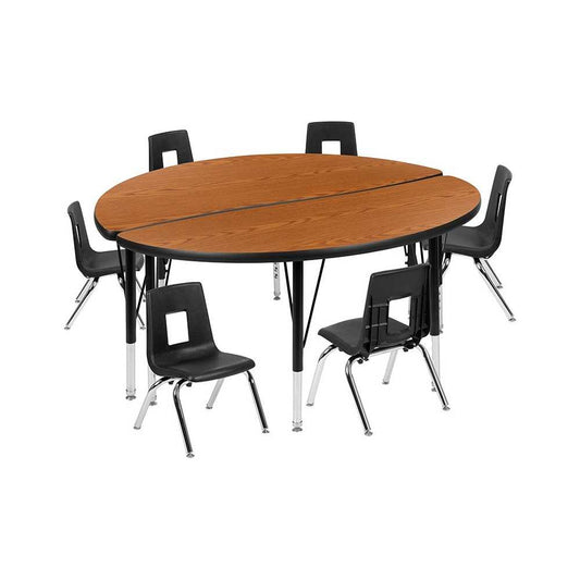 47.5" Circle Wave Collaborative Laminate Activity Table Set with 12" Student Stack Chairs, Oak/Black