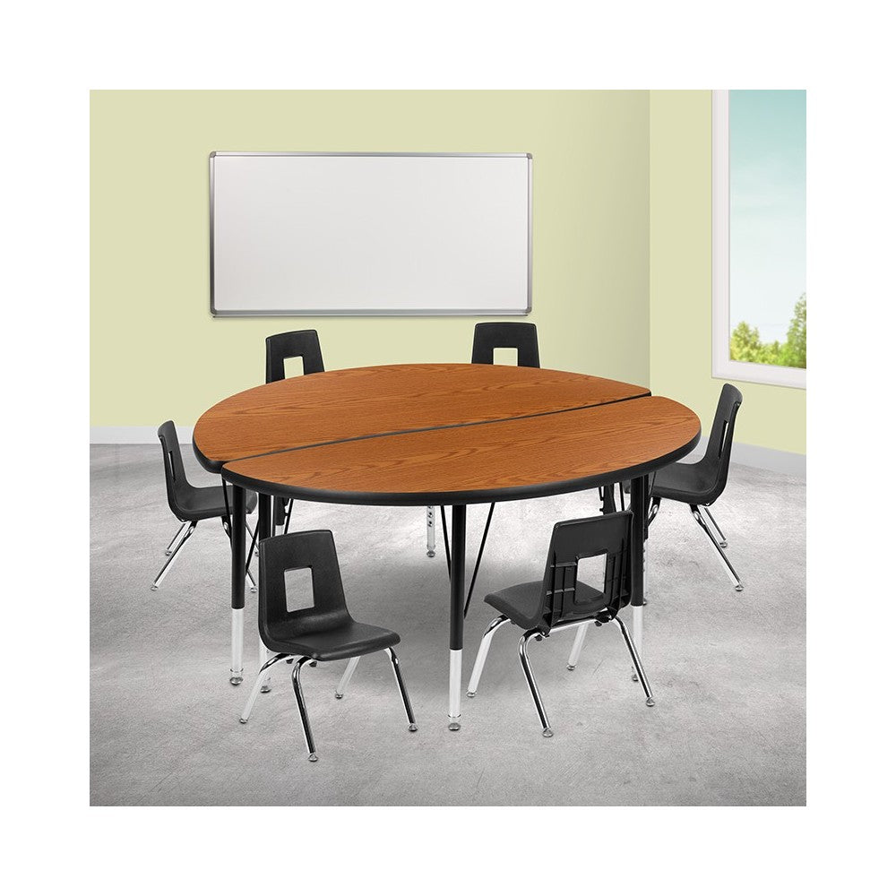 47.5" Circle Wave Collaborative Laminate Activity Table Set with 12" Student Stack Chairs, Oak/Black