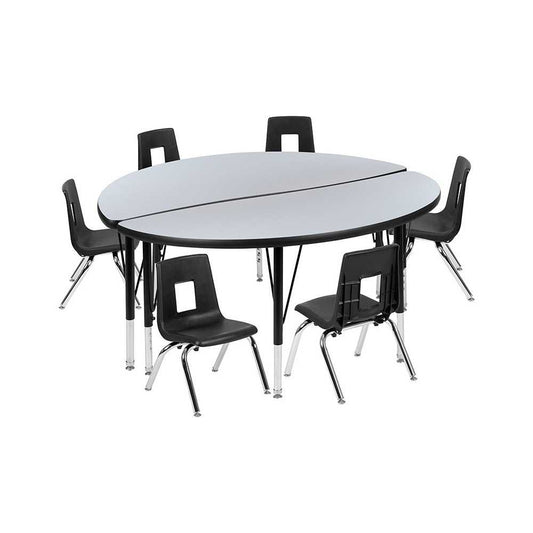 47.5" Circle Wave Collaborative Laminate Activity Table Set with 14" Student Stack Chairs, Gray/Black