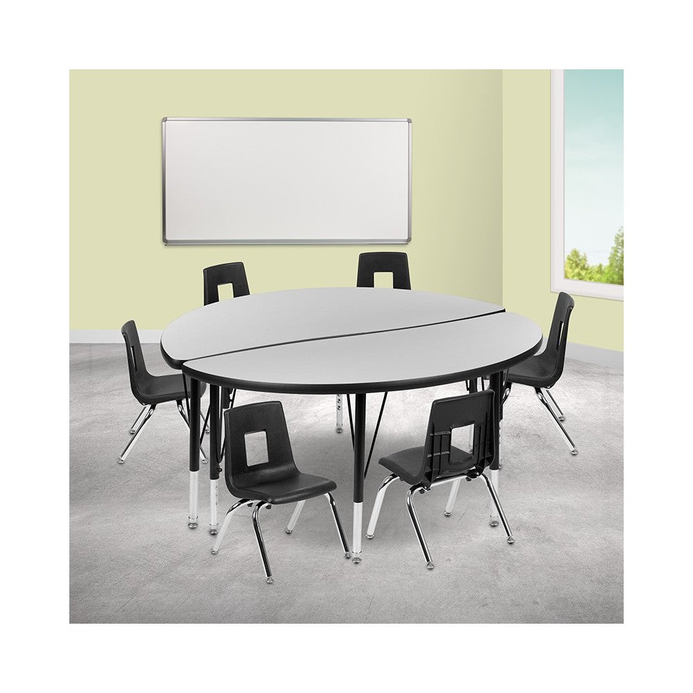 47.5" Circle Wave Collaborative Laminate Activity Table Set with 14" Student Stack Chairs, Gray/Black