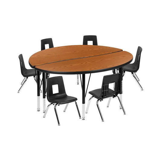 47.5" Circle Wave Collaborative Laminate Activity Table Set with 14" Student Stack Chairs, Oak/Black