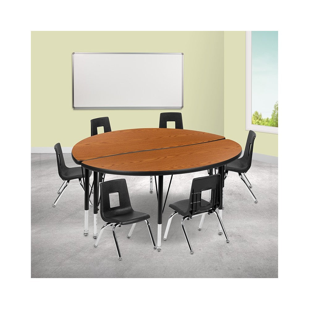 47.5" Circle Wave Collaborative Laminate Activity Table Set with 14" Student Stack Chairs, Oak/Black