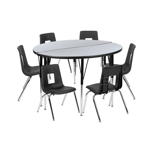 47.5" Circle Wave Collaborative Laminate Activity Table Set with 16" Student Stack Chairs, Gray/Black