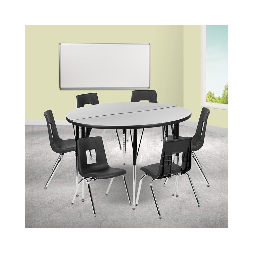 47.5" Circle Wave Collaborative Laminate Activity Table Set with 16" Student Stack Chairs, Gray/Black