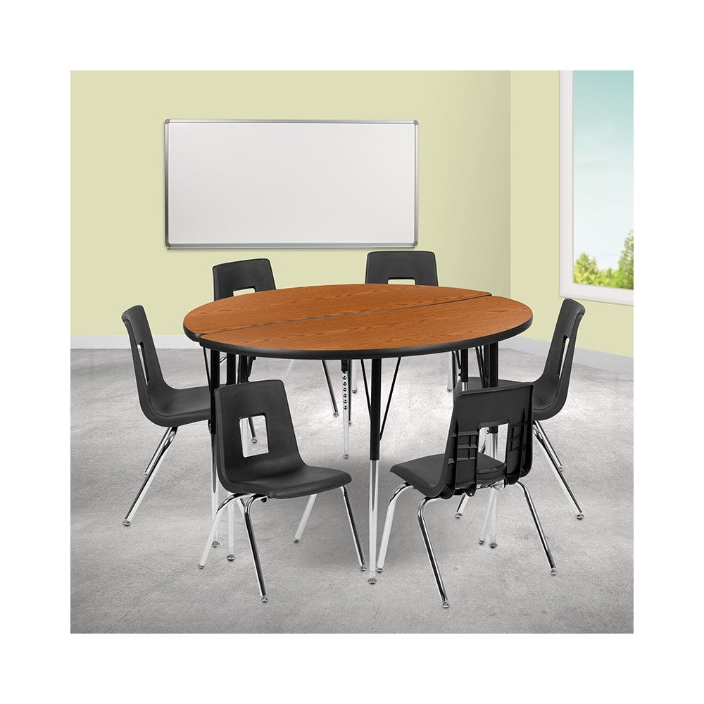 47.5" Circle Wave Collaborative Laminate Activity Table Set with 16" Student Stack Chairs, Oak/Black