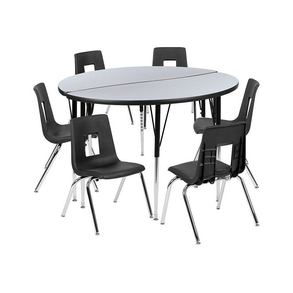 47.5" Circle Wave Collaborative Laminate Activity Table Set with 18" Student Stack Chairs, Gray/Black