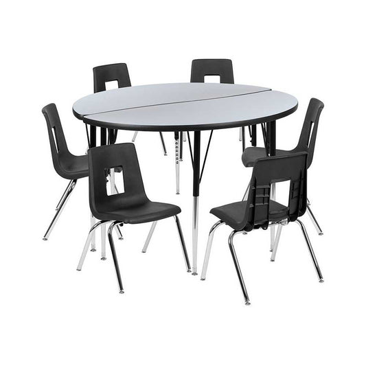 47.5" Circle Wave Collaborative Laminate Activity Table Set with 18" Student Stack Chairs, Gray/Black