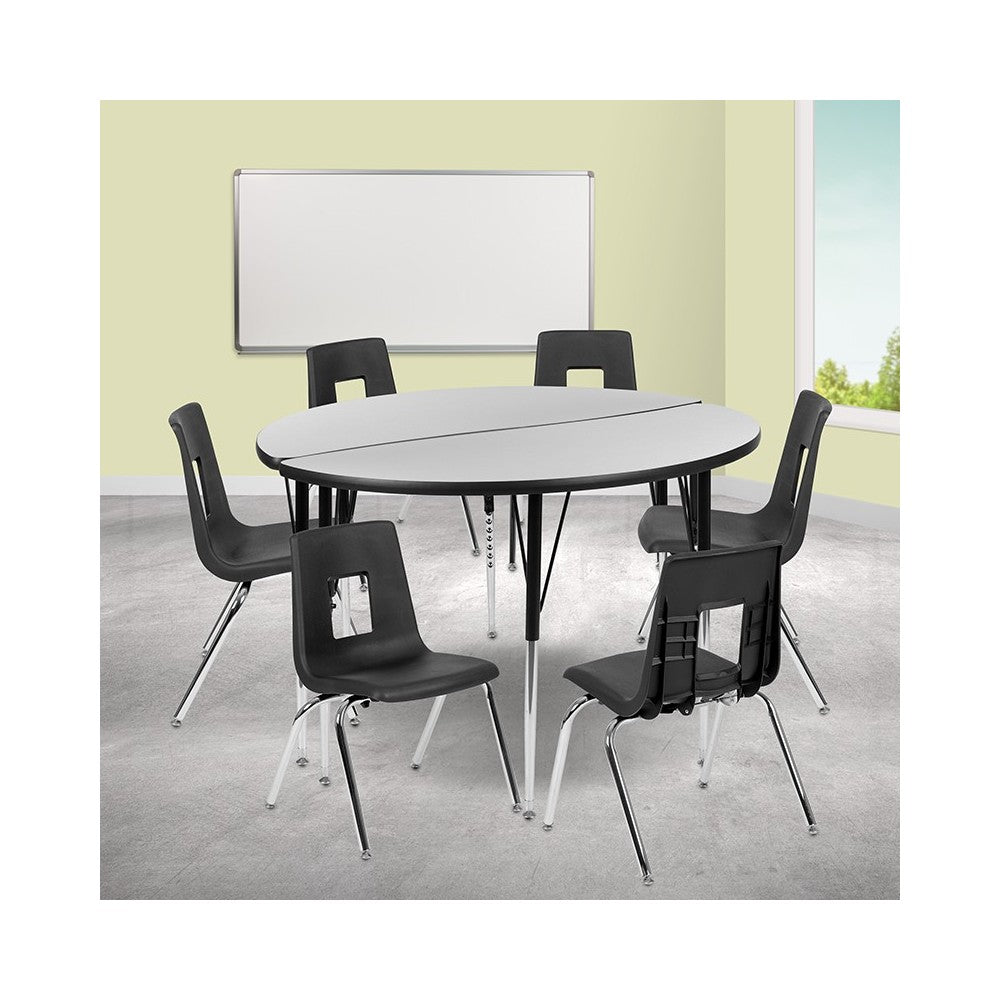 47.5" Circle Wave Collaborative Laminate Activity Table Set with 18" Student Stack Chairs, Gray/Black