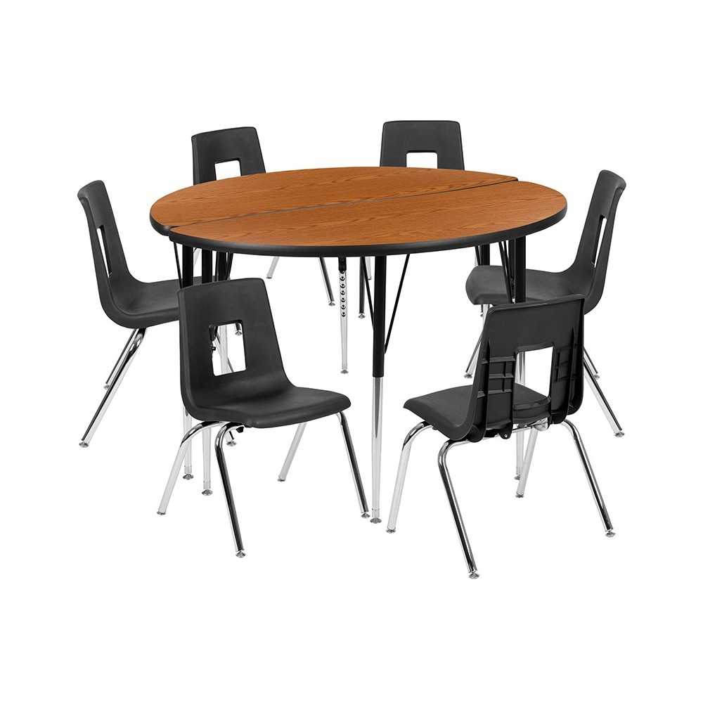 47.5" Circle Wave Collaborative Laminate Activity Table Set with 18" Student Stack Chairs, Oak/Black