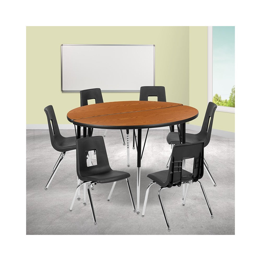 47.5" Circle Wave Collaborative Laminate Activity Table Set with 18" Student Stack Chairs, Oak/Black