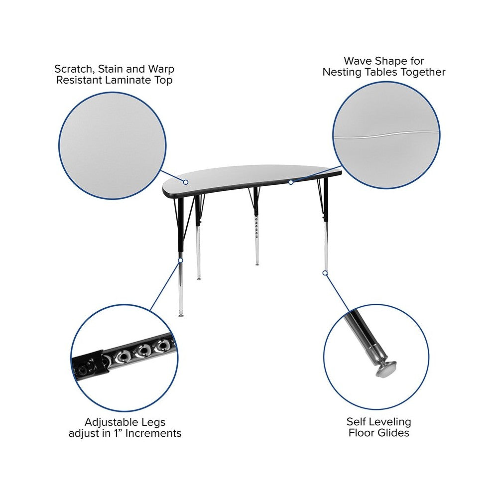 47.5" Half Circle Wave Collaborative Gray Thermal Laminate Activity Table - Standard Height Adjustable Legs