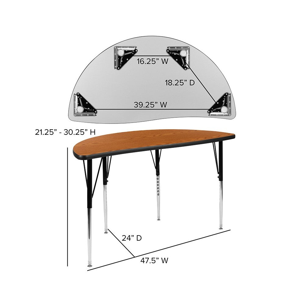 47.5" Half Circle Wave Collaborative Oak Thermal Laminate Activity Table - Standard Height Adjustable Legs